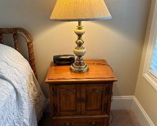 Maple nightstands (pair available) and Stieffel brass lamps