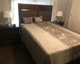 Queen bed and matching night stand. Bed has drawers in frame and nice memory foam mattress. 