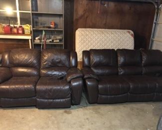 Reclining 3 piece living room set. Sofa, loveseat and chair. And full size Serra mattress, good condition. 