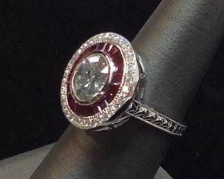 18KT WHITE GOLD DIAMOND & RUBY RING, SIZE 7.5,3.16ct CENTER DIAMOND, 1.79ct RUBIES, .41ct DIAMOND CHIPS, 6.6g, AIGL APPRAISAL $49,883,