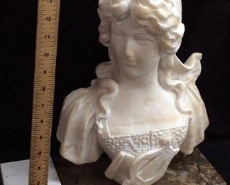 VTG. MARBLE ALABASTER BUST WOMAN w HARP PIN 14''H,