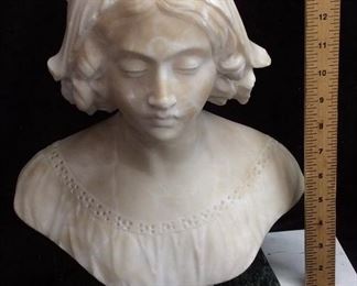 SIGNED VTG. MARBLE ALABASTER BUST OF A YOUNG GIRL SMALL CHIP ON NOSE