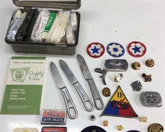 ASSORTED MILITARY COLLECTIBLES, PINS, STRIPES, 1ST AID, PATCHES, MESS KIT KNIVES,
