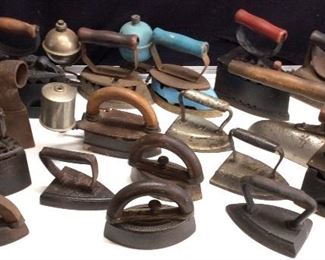 LARGE COLLECTION OF COAL HEAT SAD IRONS, MRS. POTTS AND OTHERS, 1800s
