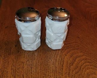 Vintage Westmoreland milk glass and chrome salt and pepper shakers 