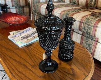 Black diamond milk glass and decanter