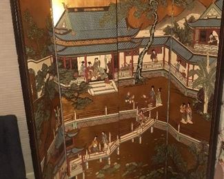 Japanese Scene on Folding Wood Screen
