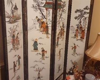 Japanese Scene Folding Wood Screen