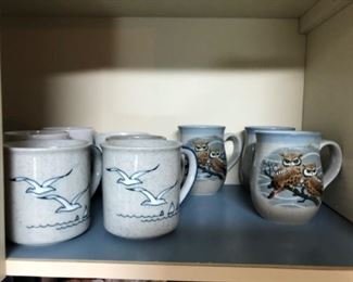 Vintage 1970s pottery mugs 
Seagulls and Owls 