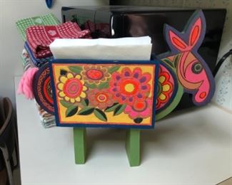 Adorable Handmade, painted wooden Burrow napkin holder. He has a little pink yarn tail.  Love him.- will be at the register 