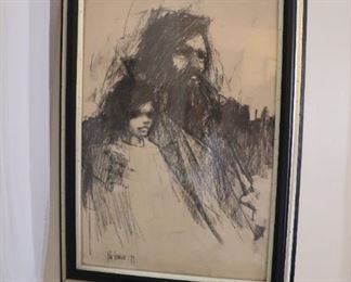 Vintage Aldo Luongo 69 "The Story Teller" Framed Charcoal Print