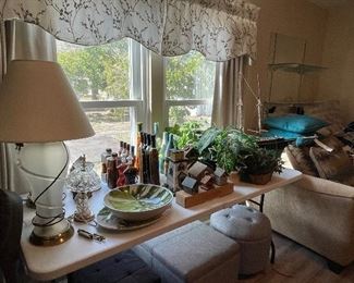 Stools/storage, lamps, artificial plants, light houses, glass bottles filled with various things (kitchen Decor)