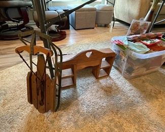 Small wooden shelves for decor, wooden sled
