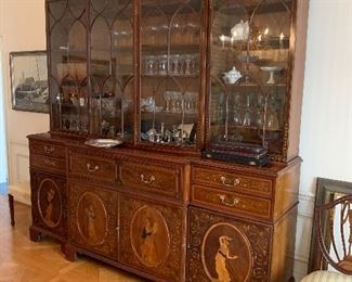 Victorian neoclassical style mahogany satinwood-inlaid and marquetry breakfront bookcase (c. 1850) 108"h x 97"w x 24.5"d