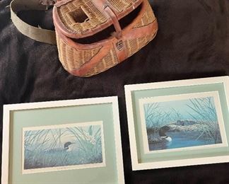 006 Vintage Fishing Basket and Two Signed Prints