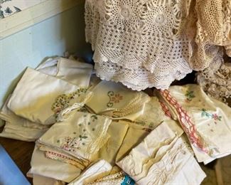 156 Large Basket Full Of Vintage Linens And Lace Doilies