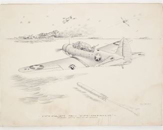 Original WWII Aviation Illustration Art Drawing Douglas TBD Devastator Artist Signed Hank Clark 1943