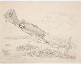 Orig WWII Aviation Illustration Art Drawing German Bomber over Manhattan Artist Signed Hank Clark