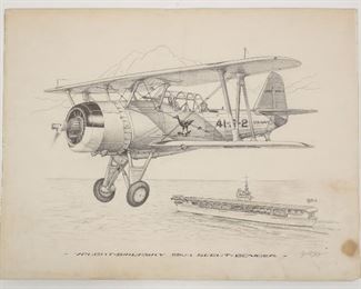 Orig WWII Aviation Illustration Art Drawing Vought Sikorsky Scout Bomber Artist Signed Hank Clark