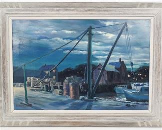 David Spurlin Original Oil Painting on Canvas Cape Ann Nighttime Harbor Scene