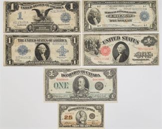 Group United States Large Size Currency incl 1899 Silver Certificate and Canadian incl Fractional