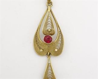 Antique 18K Gold Filigree Ruby Necklace Pendant