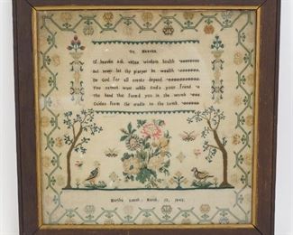 Antique 1843 Martha Leach Needlepoint Sampler w Poem, Flowers, Birds