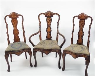 Antique 19th Century Pair Dutch Marquetry Inlay Chairs w Matching Armchair Flowers in Urn, Birds