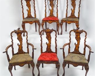 Antique 19th Century Set 6 Dutch Marquetry Inlay chairs w Flowers in Cornucopia, Moth Finial