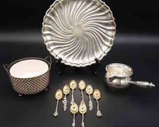 Group Sterling Silver incl Mueck-Carey Gravy Dish, Watson Bowl, Set 8 Demitasse Spoons, Gorham Plate