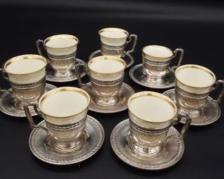Vintage Set 8 International Sterling Silver Demitasse Cups and Saucers w Lenox Porcelain Inserts