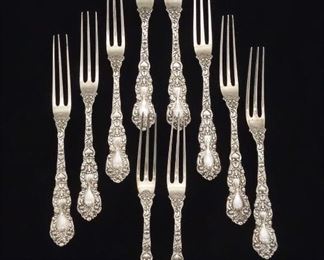 Antique Set 10 Gorham Imperial Chrysanthemum Sterling Silver Berry Forks Old Mark No Mono