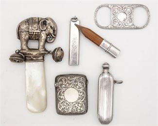 Antique Lot Sterling Silver incl Elephant Teether Rattle, Cigar Cutter, Vesta Cases
