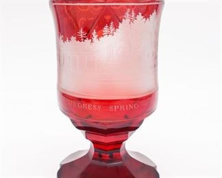 Antique Saratoga Springs Congress Spring Landscape Ruby Flashed Glass Goblet