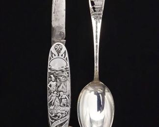 Antique Saratoga Springs NY Sterling Silver Souvenir Spoon and Pocket Knife