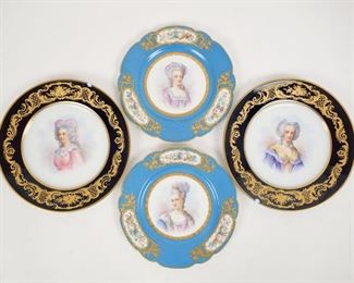 Antique Lot of 4 "Sevres" Hand Painted Gilded Porcelain Portrait Plates incl Madame de Pompadour