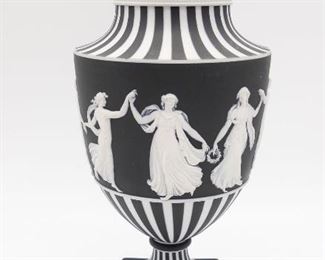 Vintage Wedgwood Black Basalt Jasperware Cameo Dancing Hours Porcelain Covered Urn