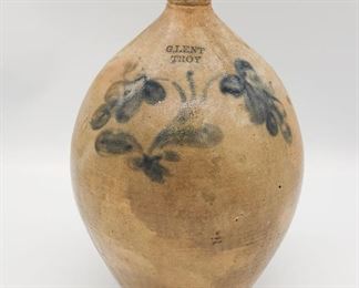 NY Blue Decorated G. Lent Troy NY Ovoid Blue Decorated Flower Bunch Stoneware Jug