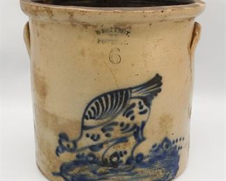 Antique West Troy NY Pottery Blue Decorated Pecking Hen 6 Gallon Stoneware Crock