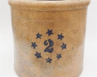Antique Blue Decorated 8 Star Circle "2" Gallon Stoneware Crock