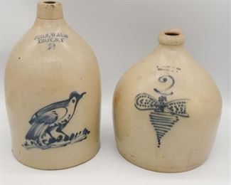 NY Blue Decorated Stoneware 2 Gallon Jugs incl John Warr, Troy Bird and E Selby & Co Hudson Bee