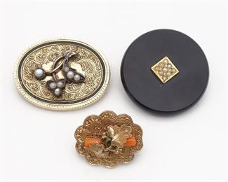 Antique Group 3 Renaissance Revival Victorian Gold Brooch Pins incl Seed Pearls, Coral, Mourning