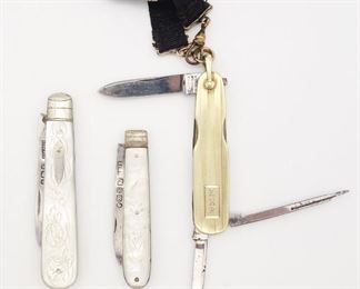 Antique Group 3 Sterling Silver and 14K Gold Fruit, Watch Chain Fob Pocket Knives