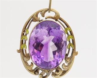 Antique c1900 Plique-a-jour Enamel 45ct Amethyst 14K Gold Necklace Pendant
