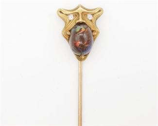 Art Nouveau Yowah Australian Boulder Opal Diamond 14K Gold Stickpin