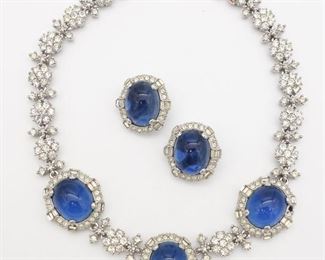 Vintage Ciner Blue Cabochon Rhinestone Necklace Earrings Suite