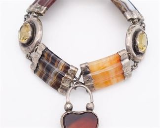 Antique Scottish Silver Agate Citrine Heart Clasp Bracelet