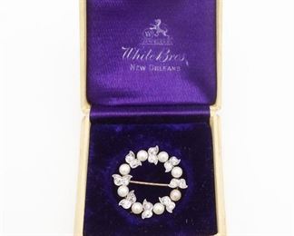 Antique 14K Gold Platinum Pearl Diamond Brooch Pin w Box