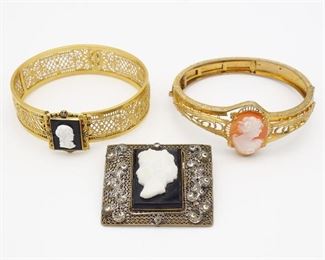 Group 3 Vintage Filigree Cameo Jewelry incl 2 Hinged Bracelets and Czech Brooch
