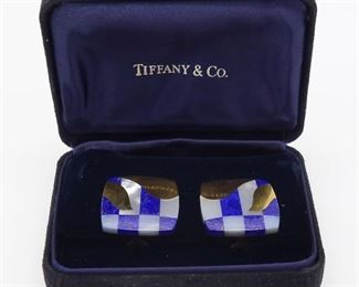 Vintage Tiffany Co 18K Gold Mother of Pearl MOP Lapis Lazuli Square Earrings in Orig Box
